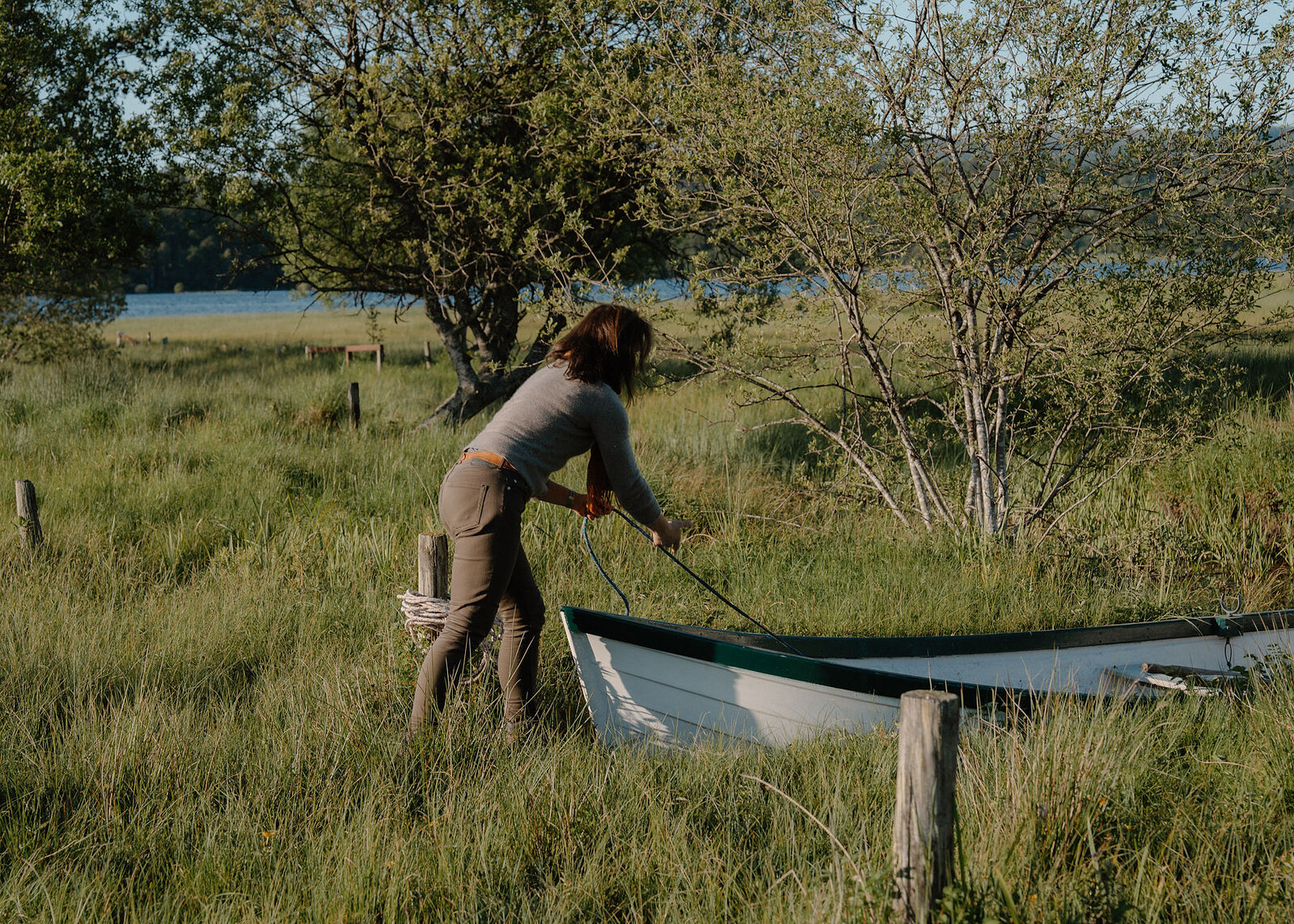 A woman hauls on a blue rope tied into a white rowing boat in long grass, with birches and the loch behind her.