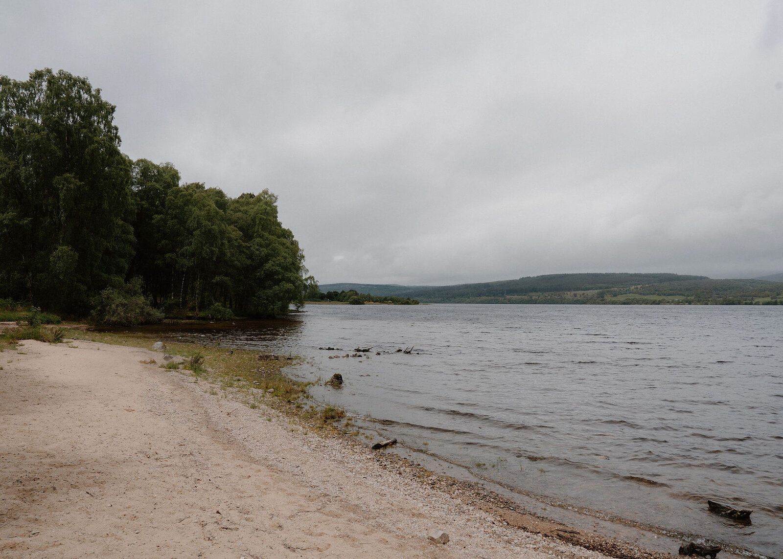 A pale sand and shingle beach curves along the loch past a stand of birch trees, with forested hills along the far shore.