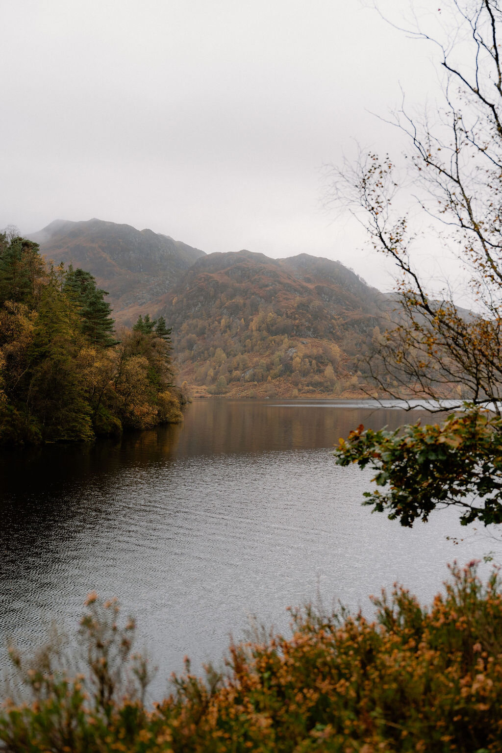 Autumn-coloured hills rise above a still loch near Wildwoodz, mist softening the peaks in the distance.