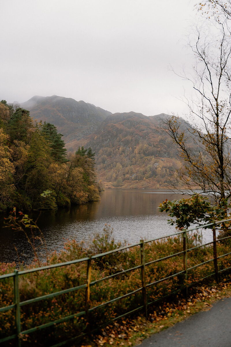 Autumn-coloured trees line the shore of a still loch near Wildwoodz, a metal fence running alongside a tarmac path in the foreground.