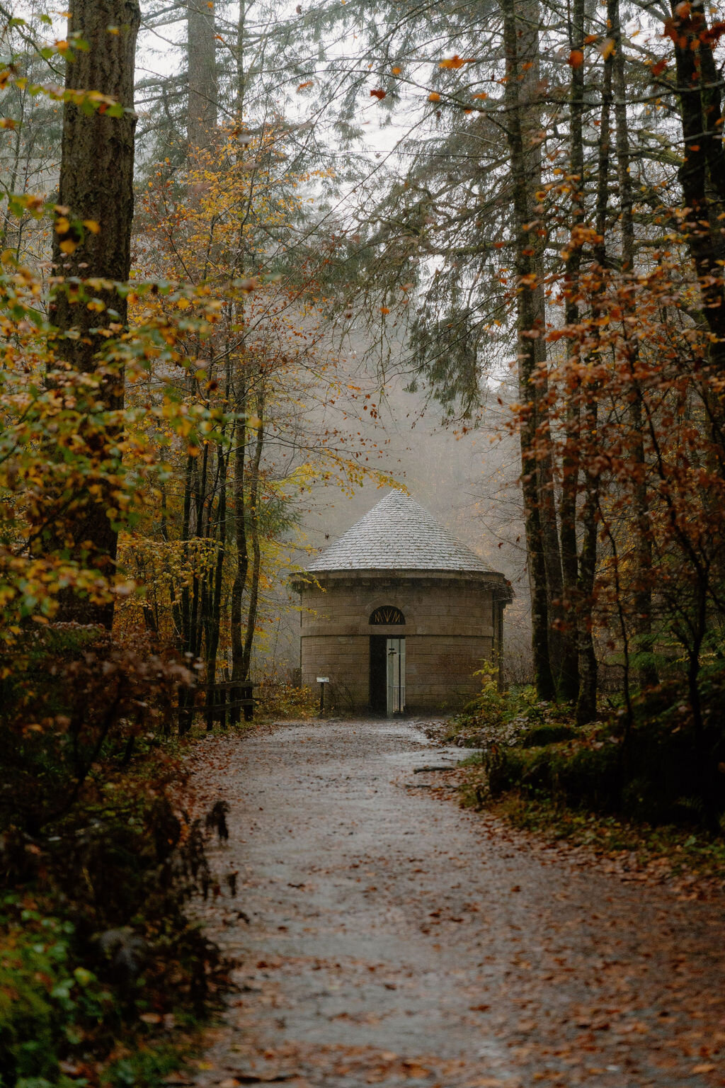 A small domed stone pavilion stands at the end of a path through misty autumn woodland.