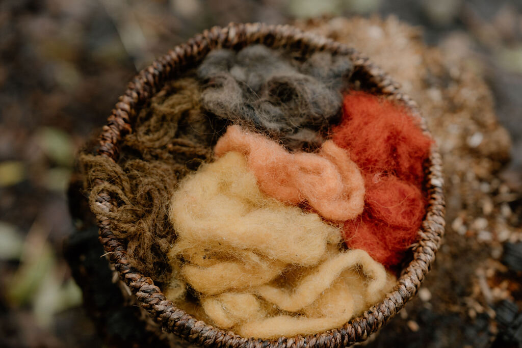 Dyed wool fibres in shades of blue, orange and grey fill a woven basket.