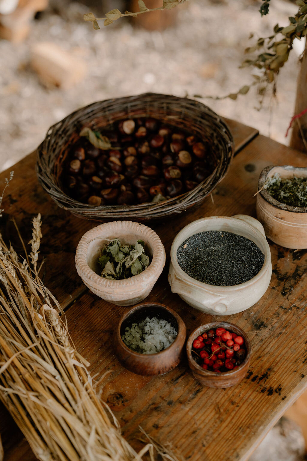 Foraged chestnuts, herbs and berries fill baskets and bowls on a wooden table.