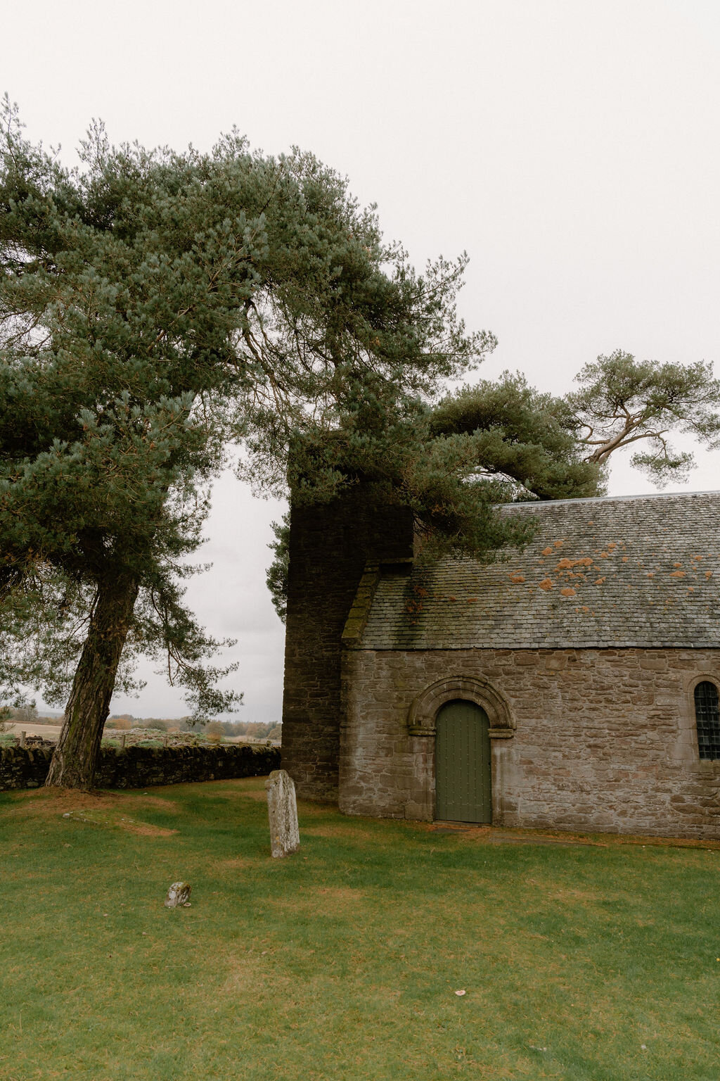 A stone church building with buttressed gables stands beneath tall pine trees.