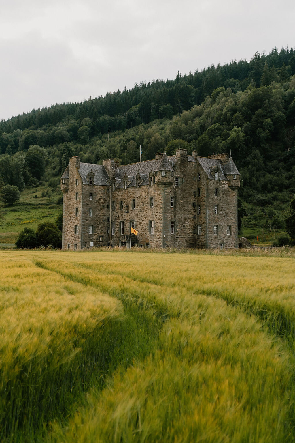 A turreted grey stone castle with a flag stands beyond tracks worn through a barley field.