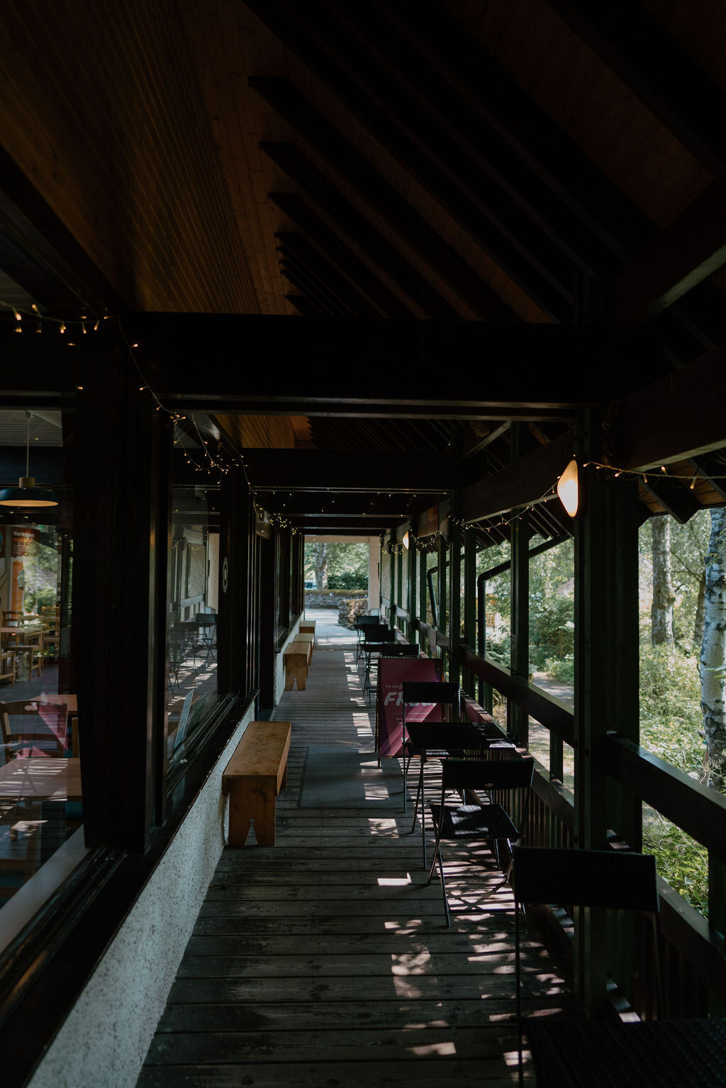A covered timber-decked terrace lined with bistro tables and benches runs along a woodland edge.