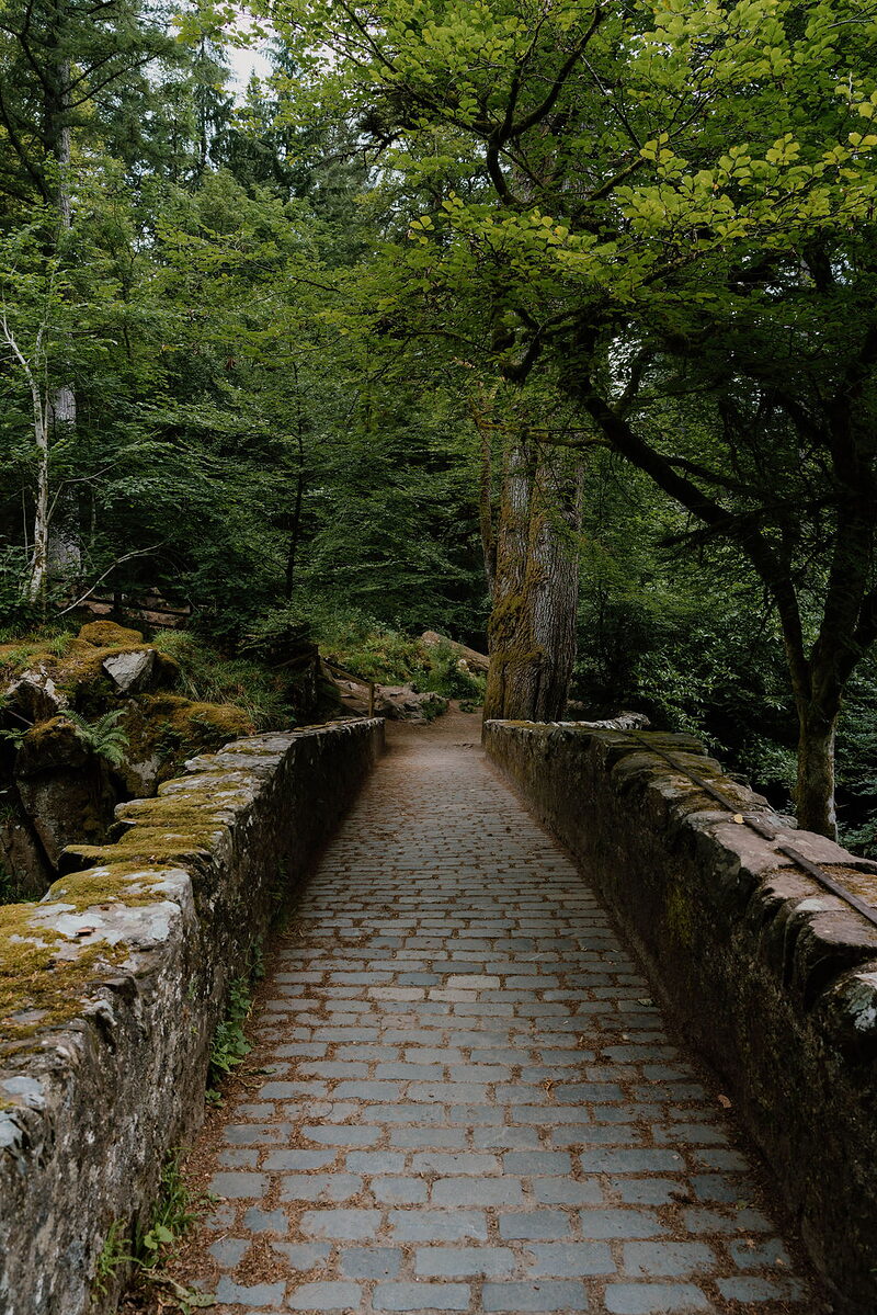 A cobbled stone footbridge with mossy parapets crosses a wooded gorge in Perthshire.