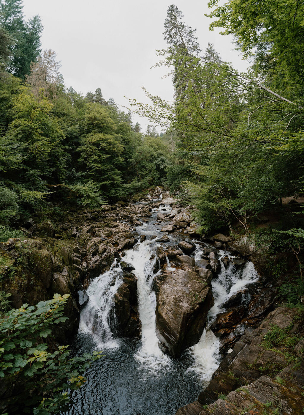 A waterfall drops over mossy boulders in a wooded Perthshire gorge.