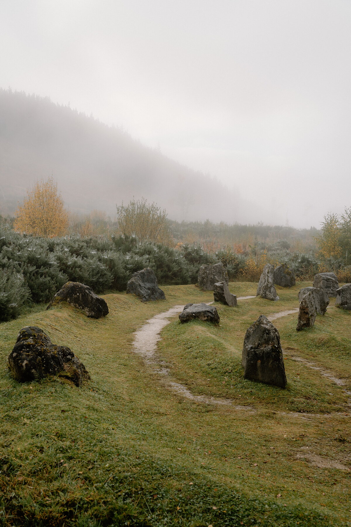 Mist rises over a forested hillside behind a circle of standing stones on a grassy path.