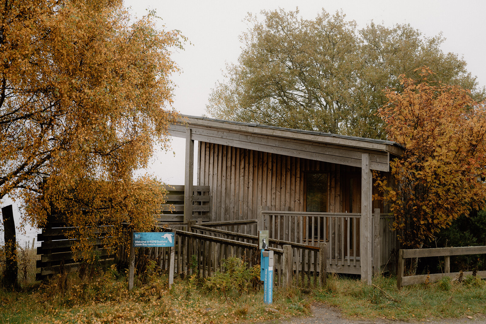 A timber-clad wildlife hide with a viewing deck stands among autumn trees in Ross and Cromarty.