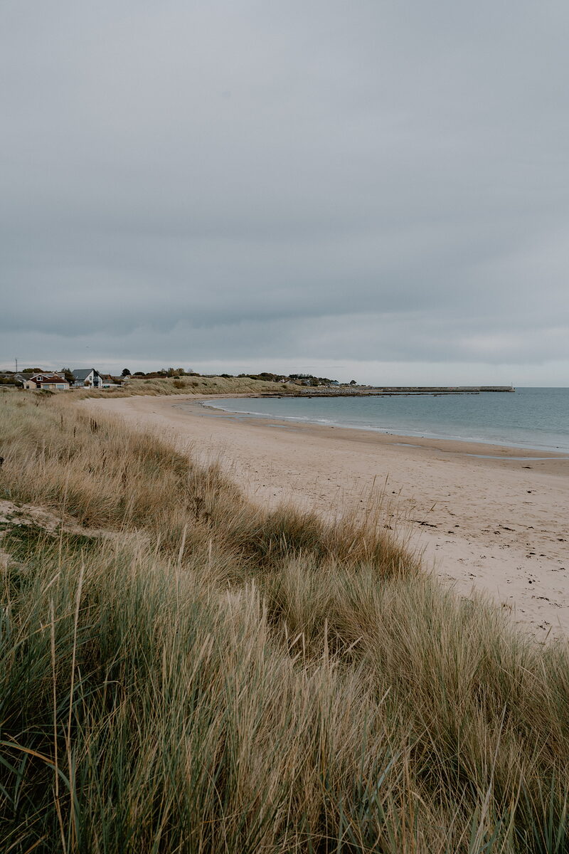 Cottages perch above a sandy beach curving toward a rocky headland in Ross and Cromarty.