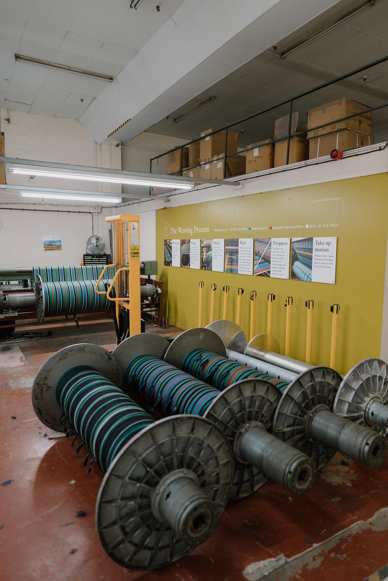 Large metal bobbins wound with striped thread sit on the floor of a mill beside a wall panel titled "The Weaving Process", cardboard boxes stacked on a mezzanine above.