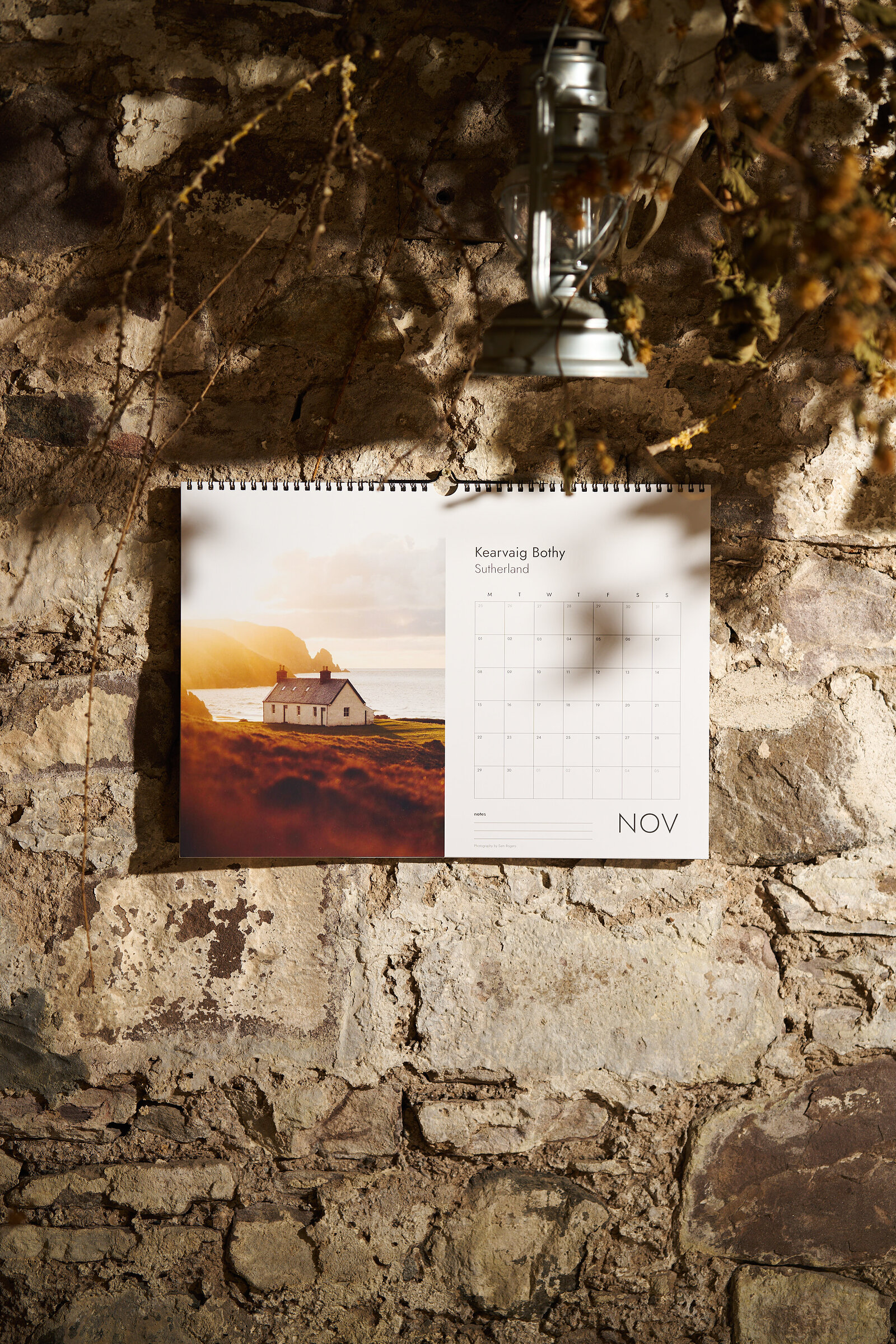 November in the 2027 calendar, Kearvaig Bothy, on a stone wall