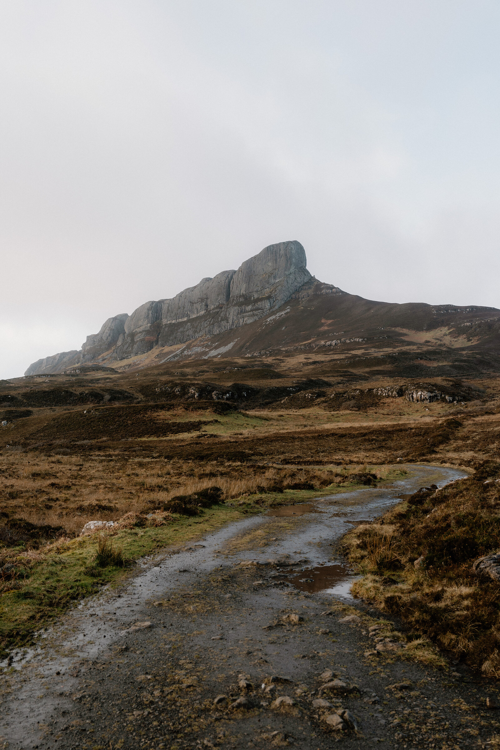 A wet track leading towards a jagged rocky peak rising from moorland