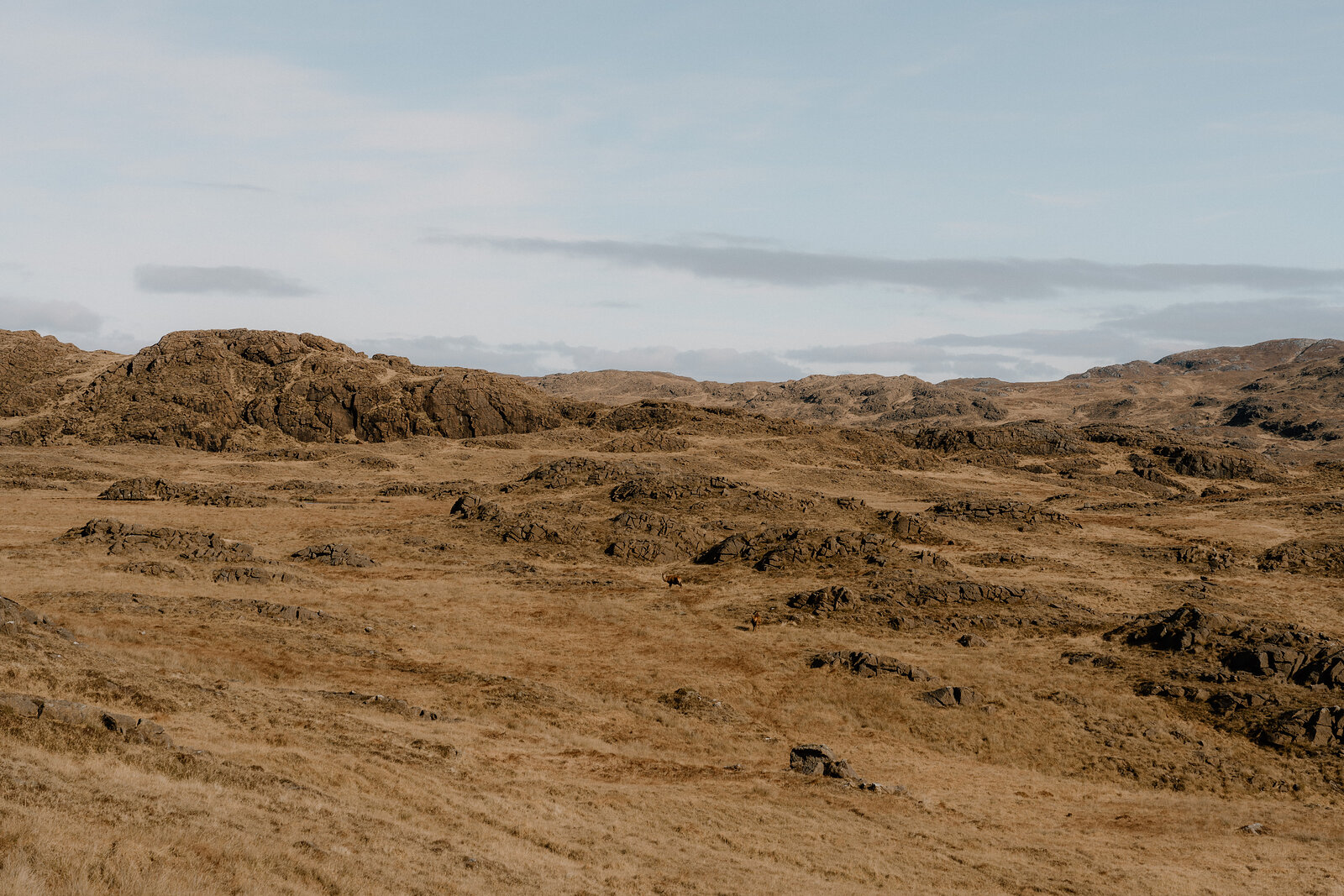 A small loch sits amid golden moorland beneath jagged mountain peaks on the Isle of Rum.
