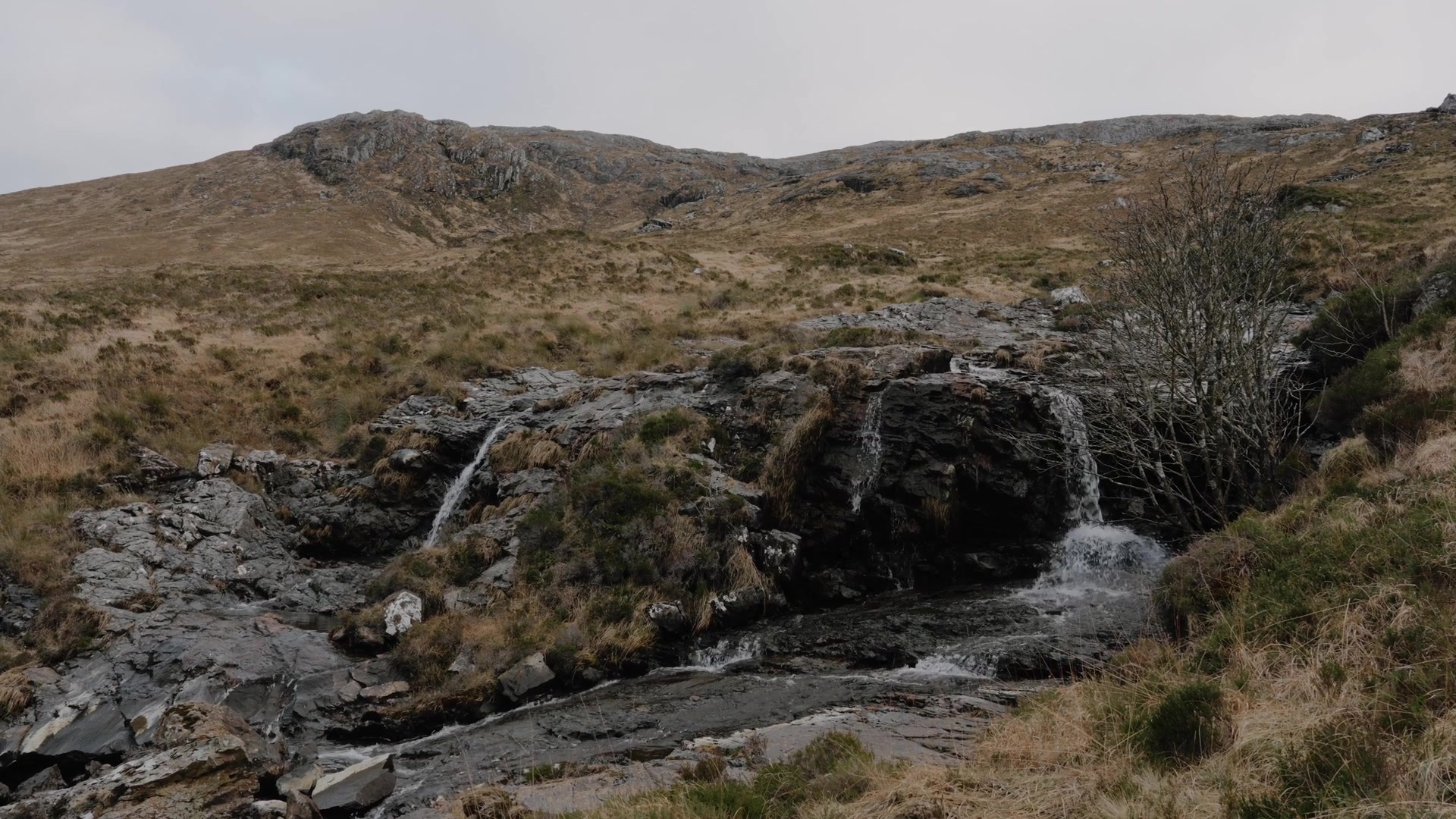 A small waterfall cascades over dark rock on an open, heather-covered hillside.