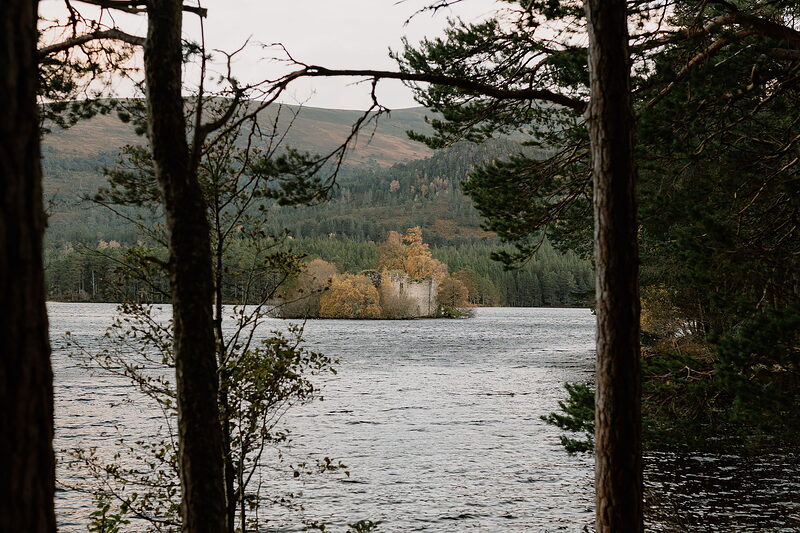 A ruined castle sits on a small island in a loch, glimpsed between bare branches and autumn-gold trees on the near shore.