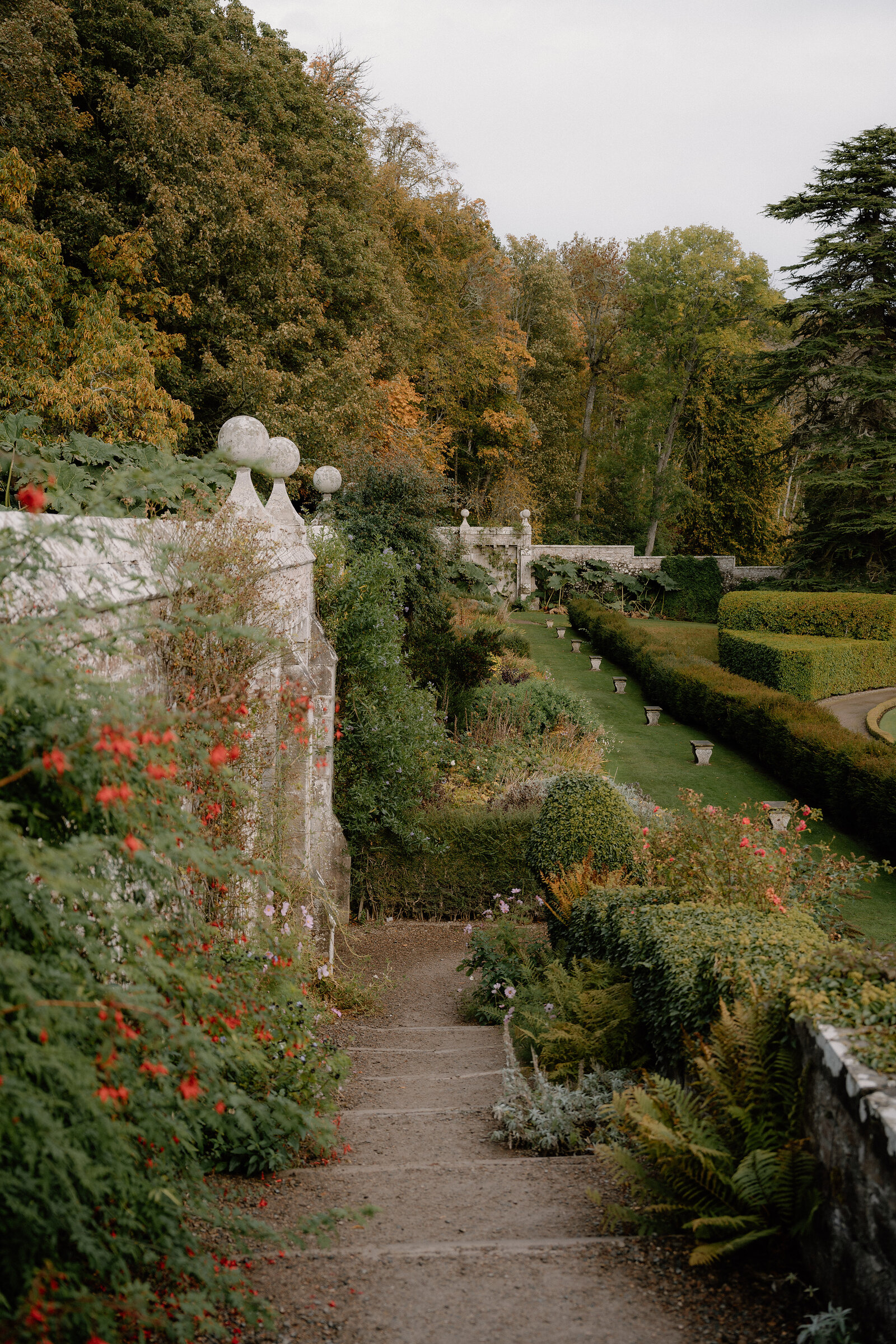 A stone balustrade topped with urns lines a formal garden path bordered by hedges and flowers.