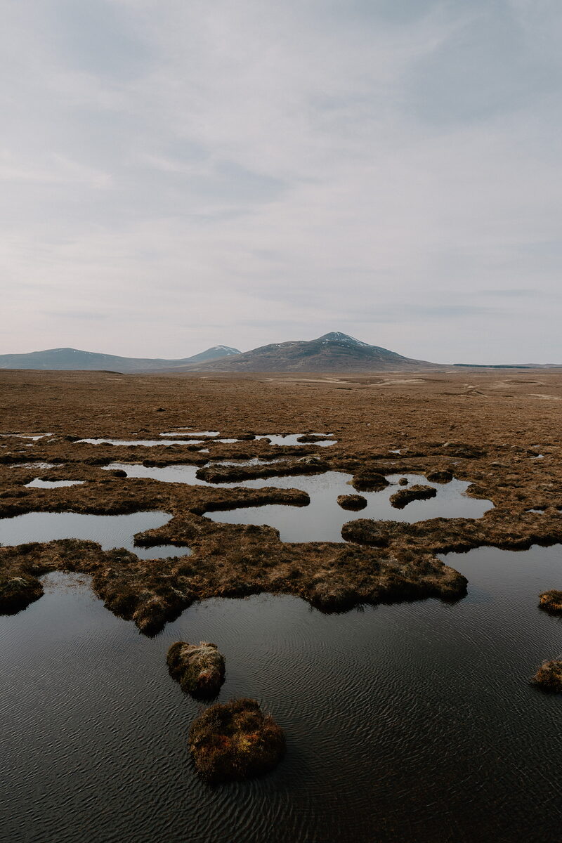 Pools of water threading through peat moorland, hills rising in the distance.