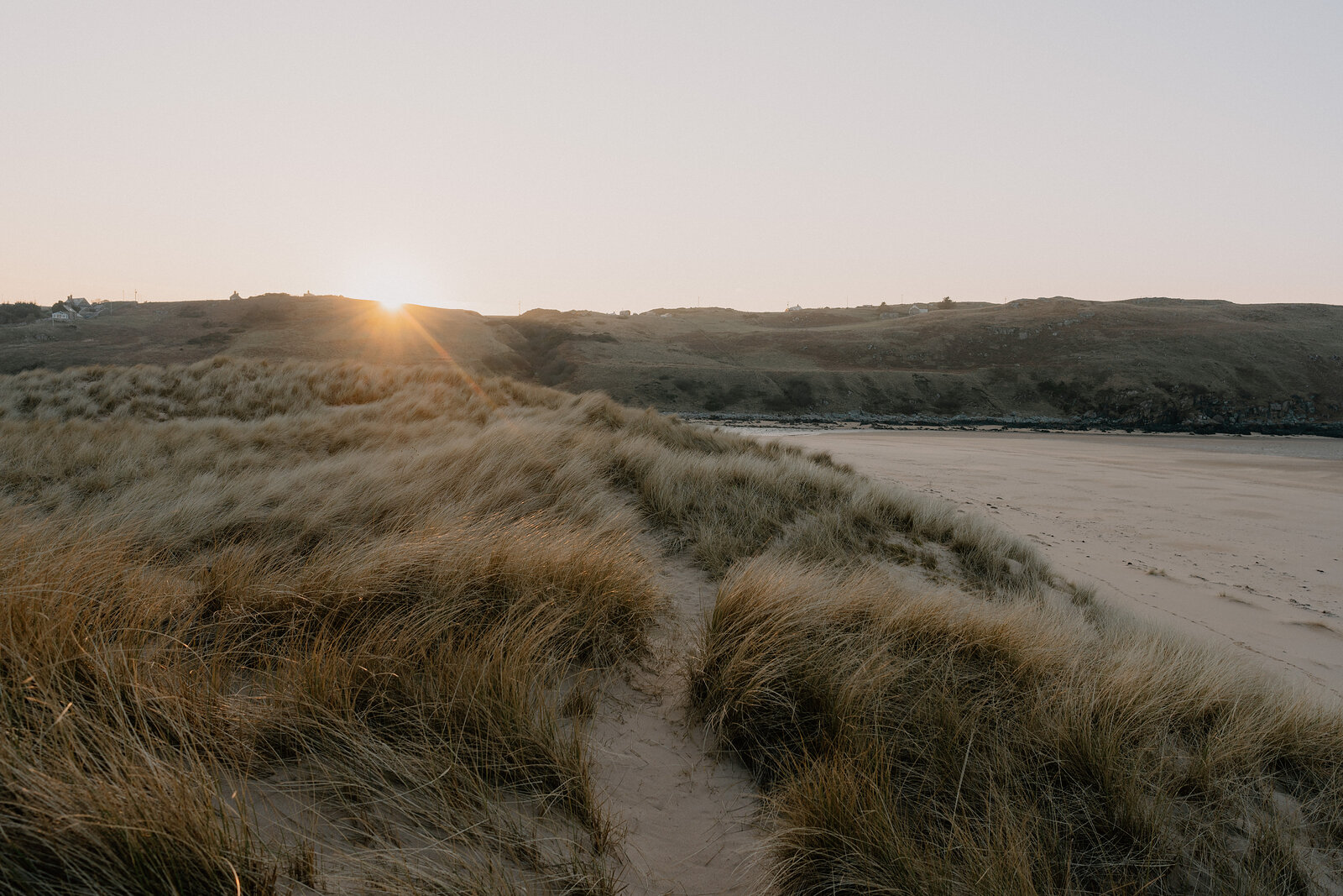 Low sunlight catches dune grass above a curving sandy beach.