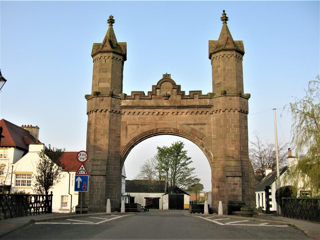 The tall stone Royal Arch over the street in Fettercairn.