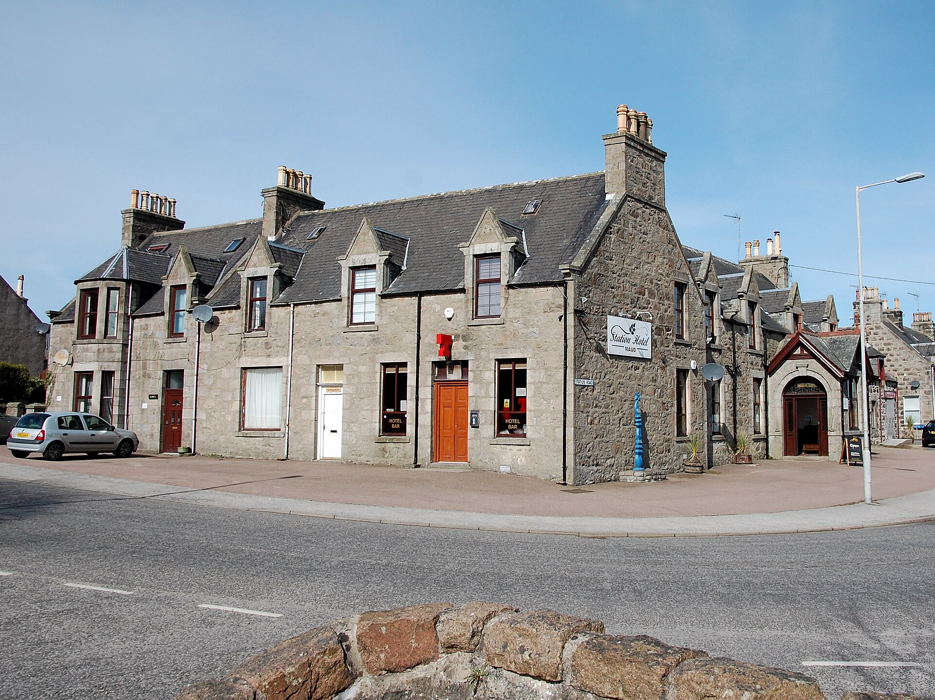 The granite Station Hotel at Maud on a corner of the village.
