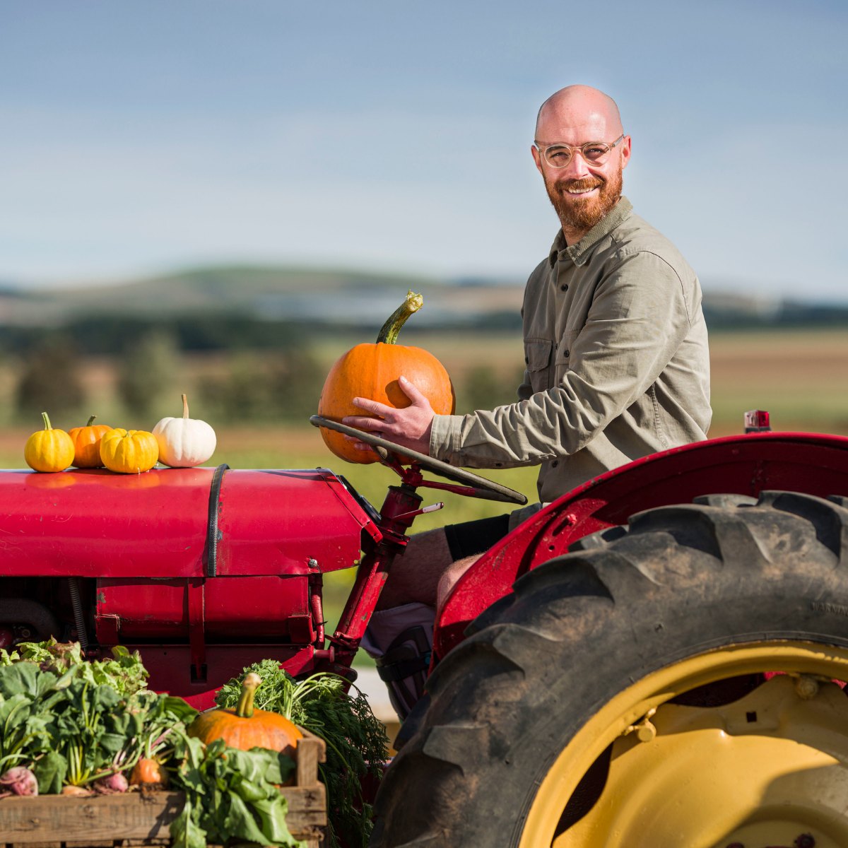 A farmer on a red tractor at Westerton holds up a pumpkin, with small squashes on the bonnet and fields behind.