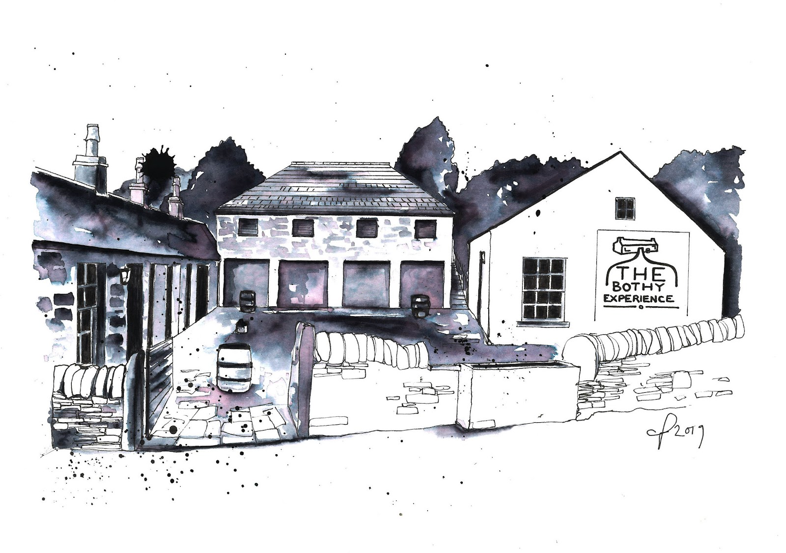 Ink illustration of stone cottages with "The Bothy Experience" painted on a gable end