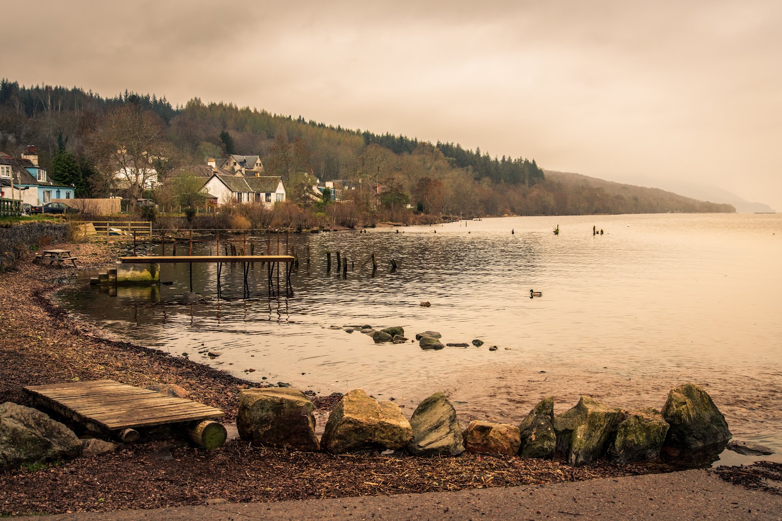 Wooden jetty and lochside houses beneath forested hills on a misty shoreline
