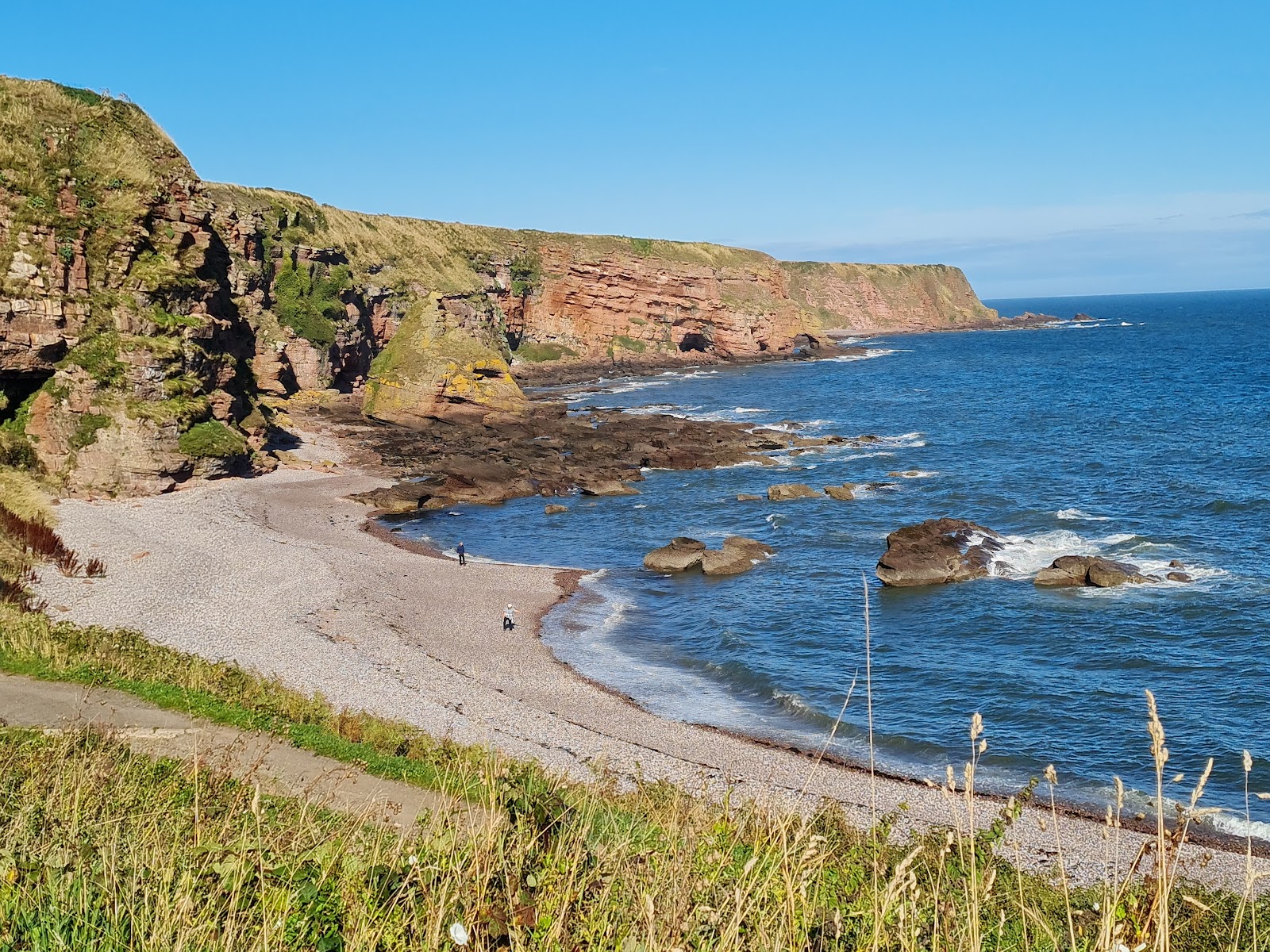 The shingle bay below Auchmithie, red cliffs rising behind.