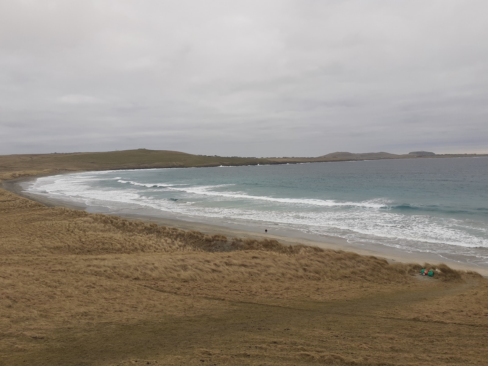 Waves breaking along the long beach in the Bay of Quendale, dune grass in front.