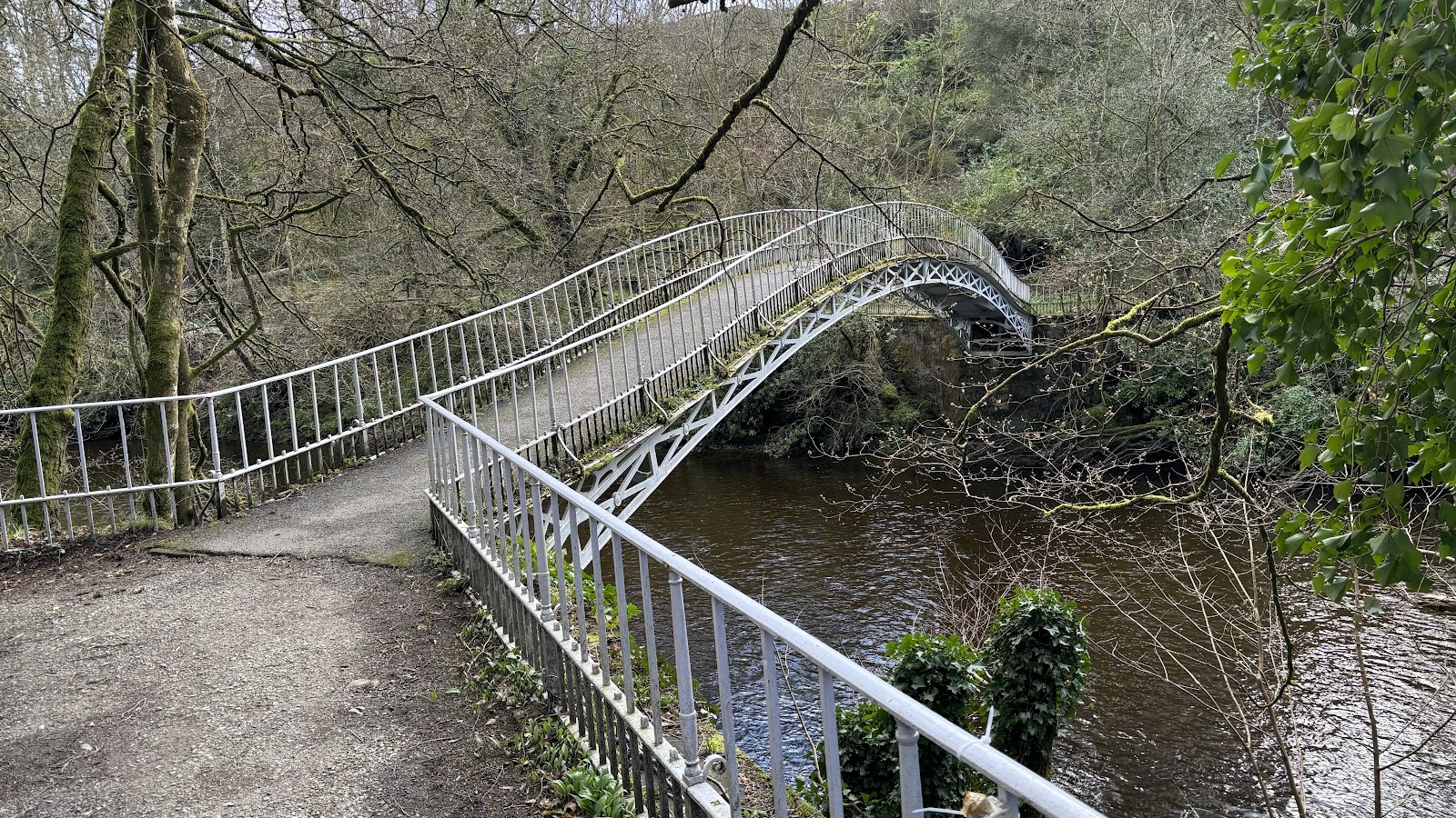 White arched footbridge crossing a wooded river gorge