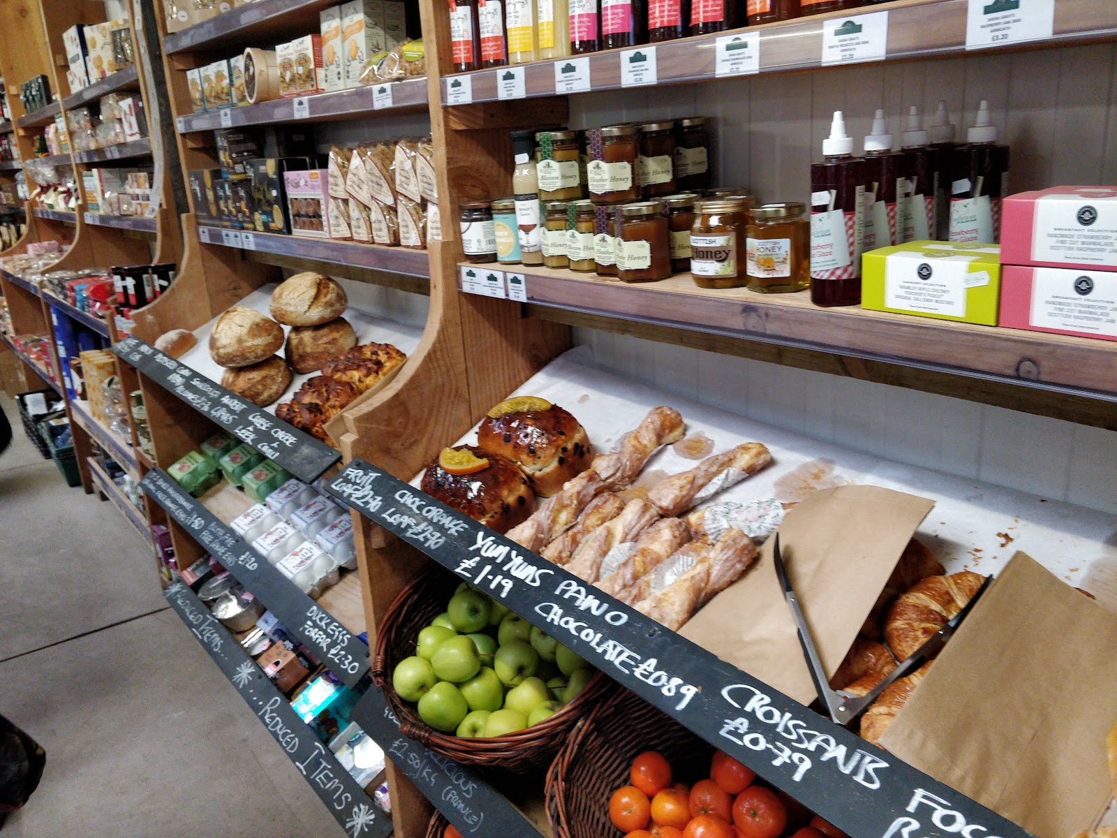 Shelves of jams, bread and pastries at Grewar's.