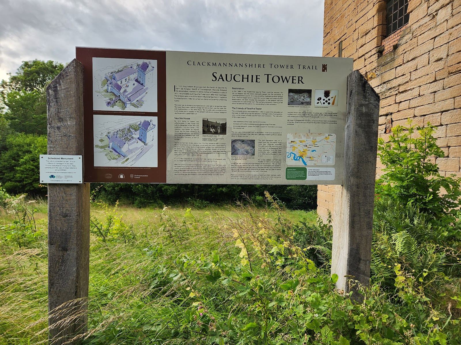 The Tower Trail board for Sauchie Tower beside the tower.