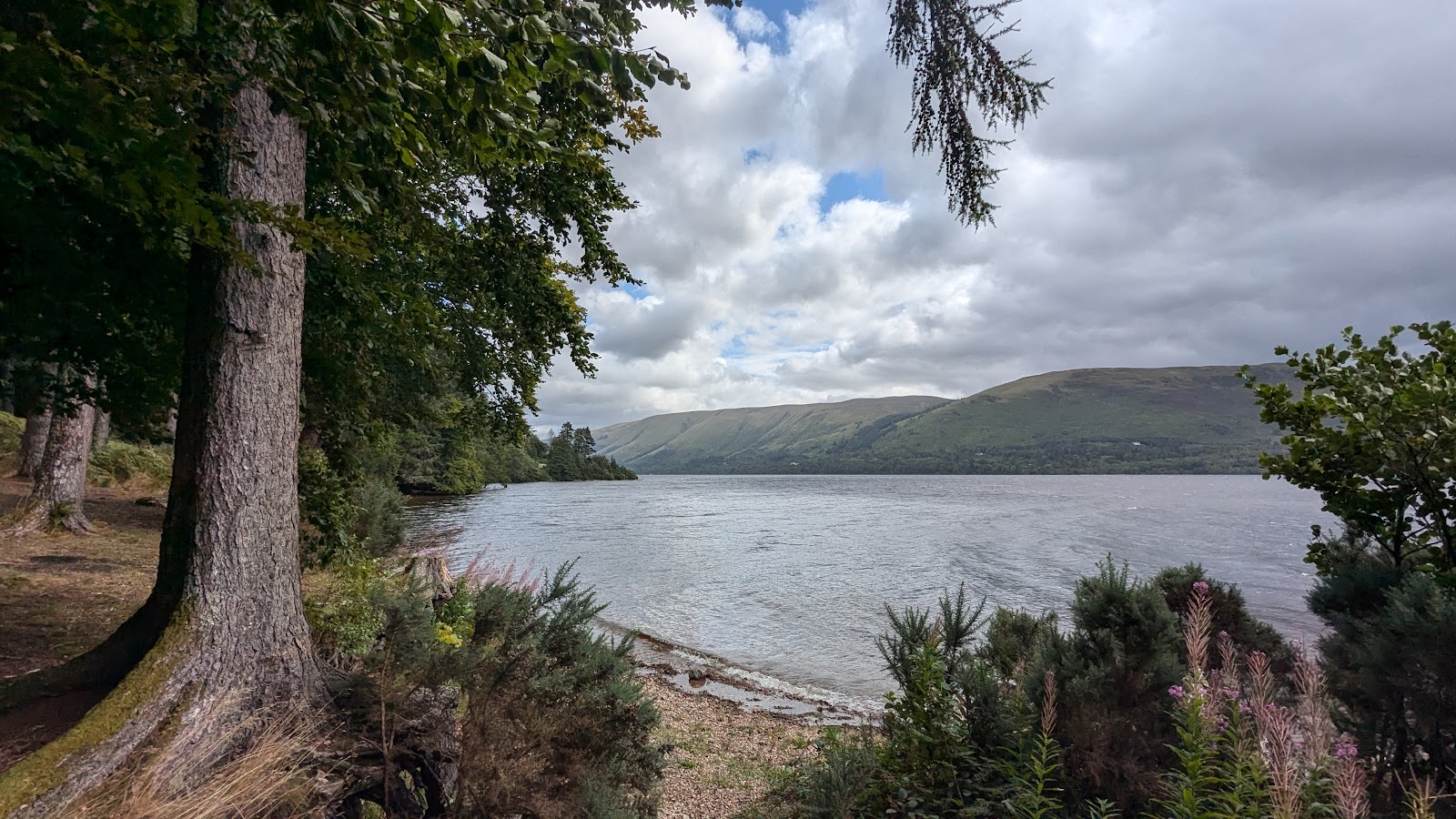 Loch shore framed by trees, with hills rising beyond the water