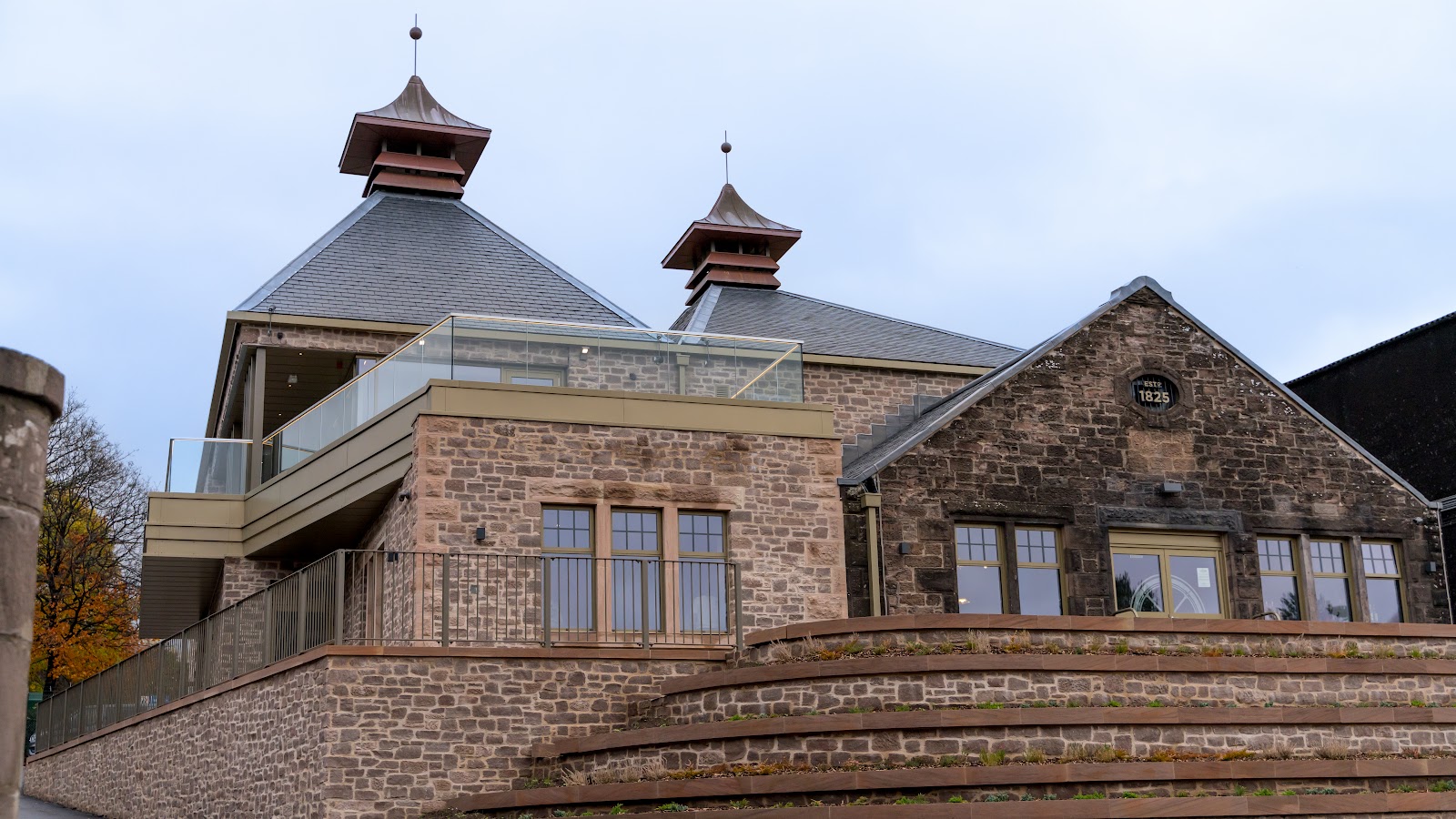 The stone buildings and pagoda-roofed kiln of Glencadam Distillery, Brechin.
