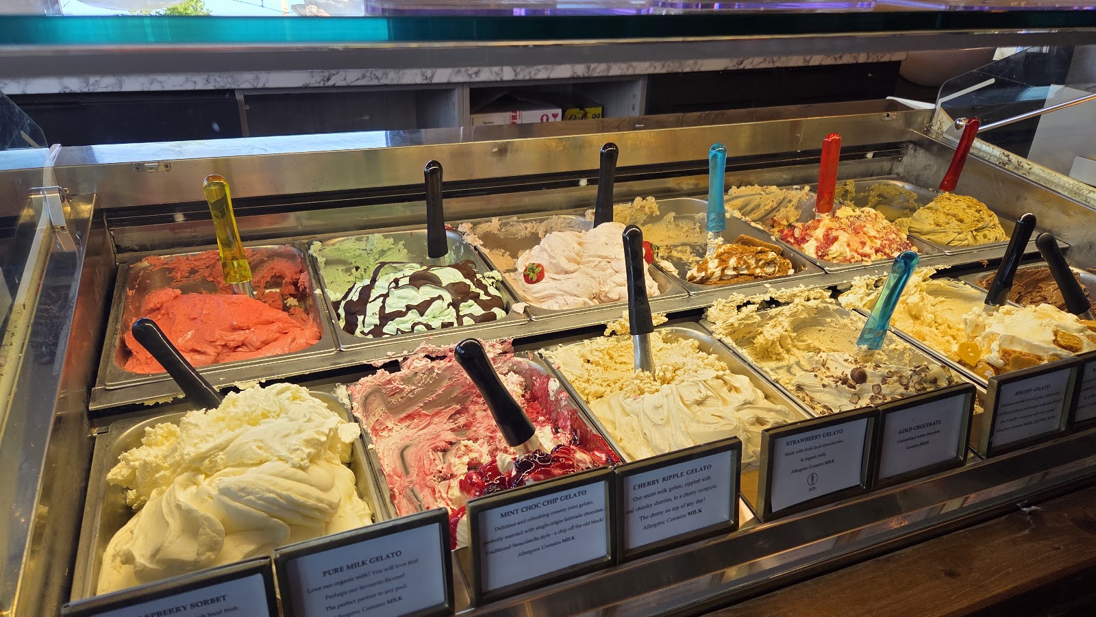 The gelato cabinet at Forest Farm, trays of every colour under their scoops.
