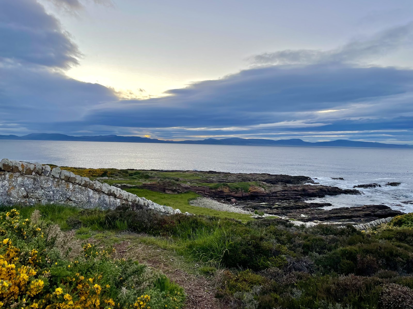 The shore at Wilkhaven in evening light, a stone wall running down to dark rocks and the firth, far hills on the horizon.