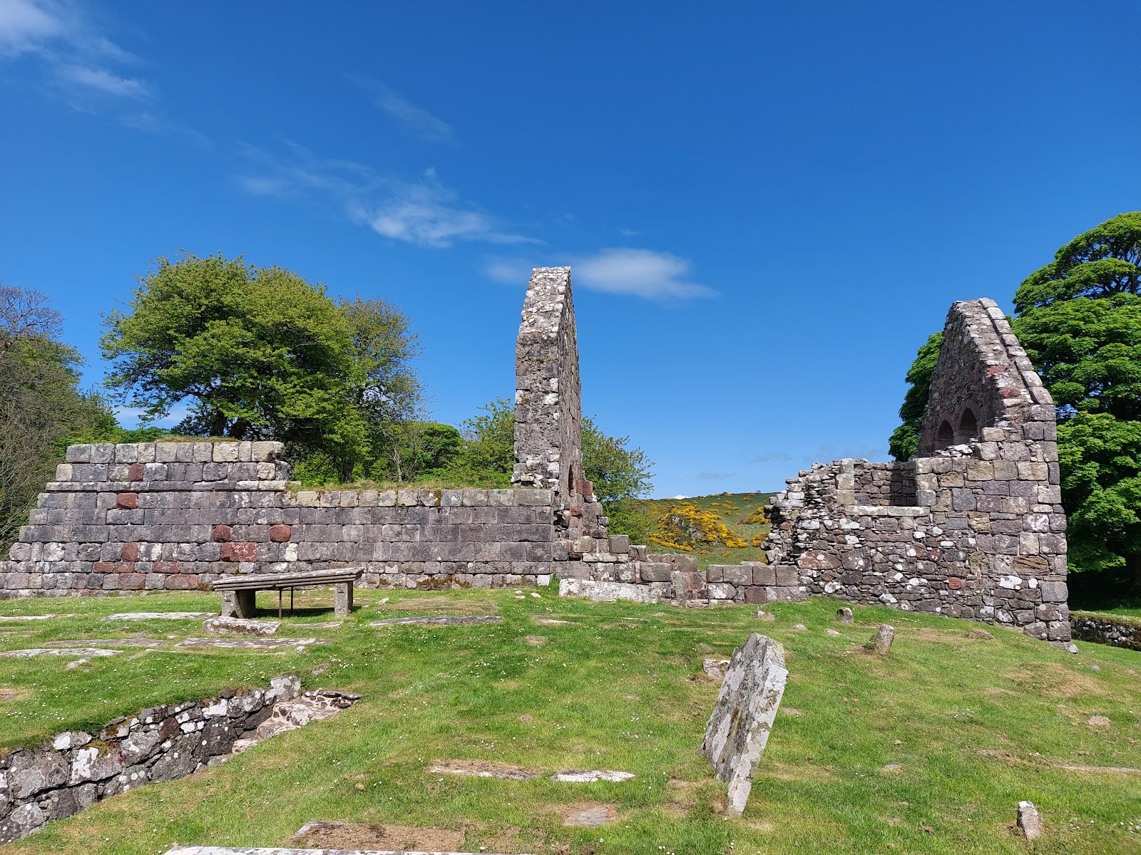 The ruins of St Blane's under a blue sky.