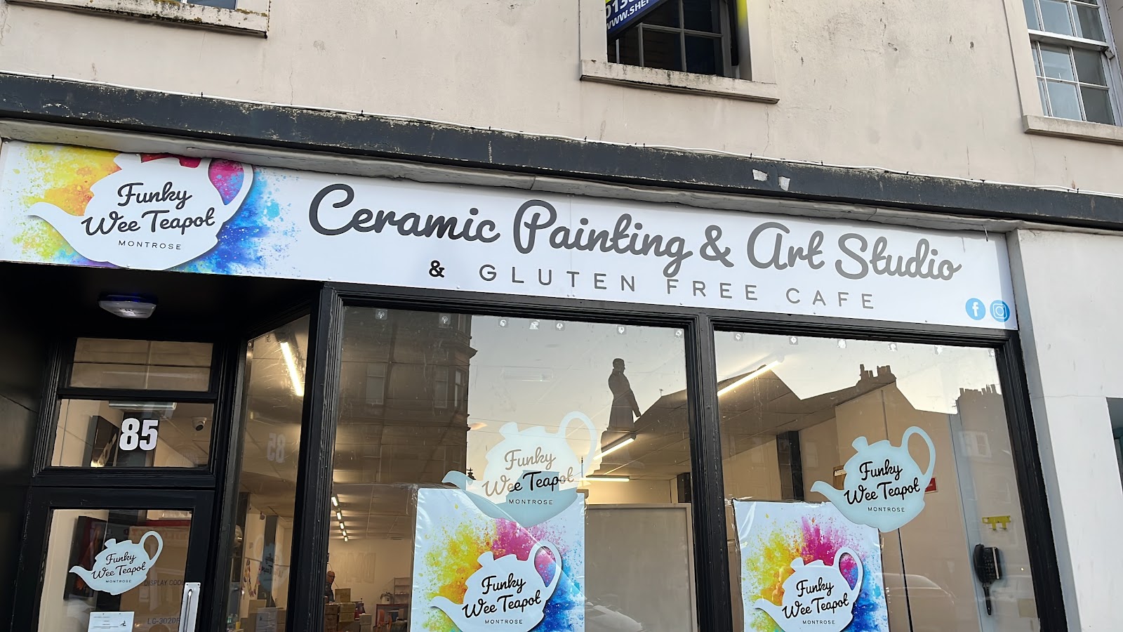 The painted front of the Funky Wee Teapot ceramic painting studio in Montrose.