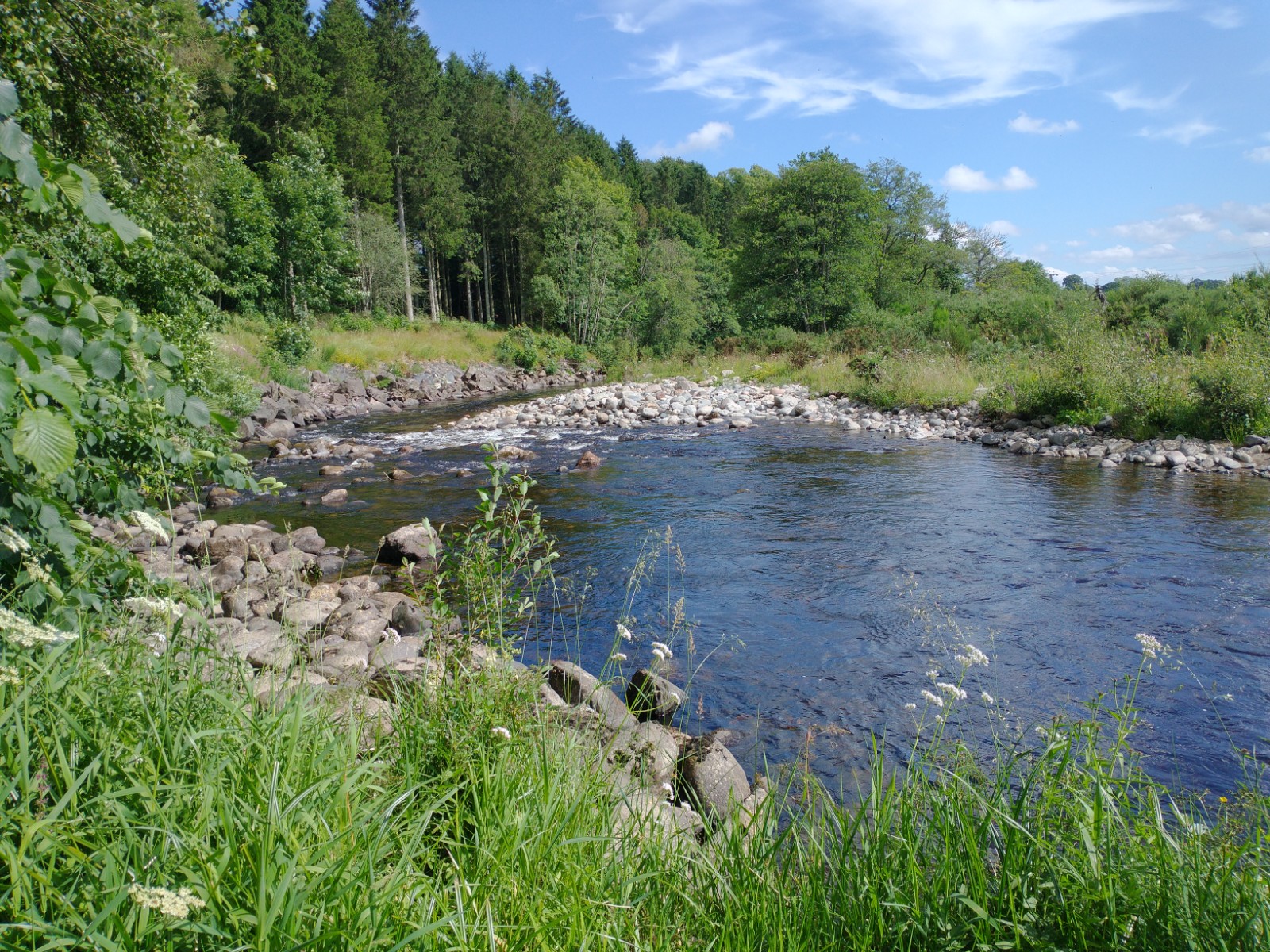 The River South Esk running clear over rocks between wooded banks.