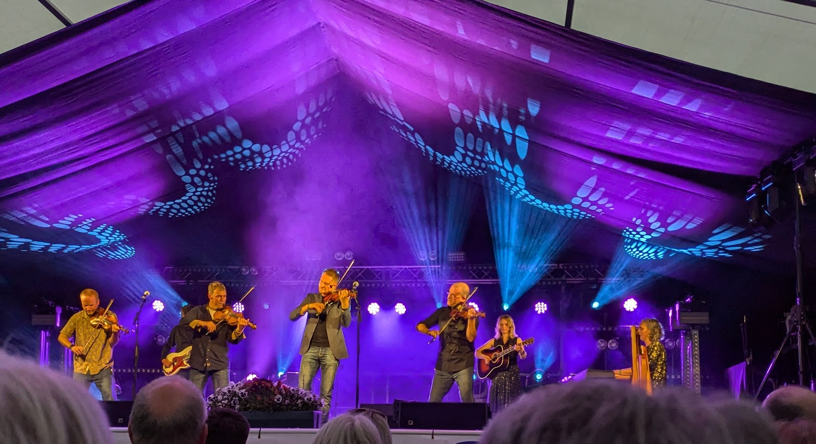 Fiddlers, guitarist and harpist perform under purple lighting in a marquee tent