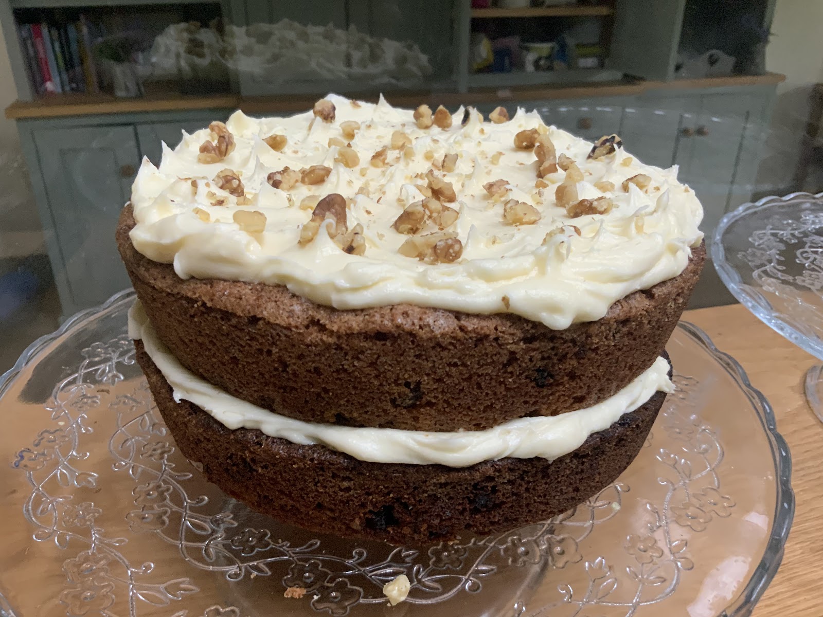 A home-baked carrot cake topped with cream cheese and walnuts at the Bealach Cafe.