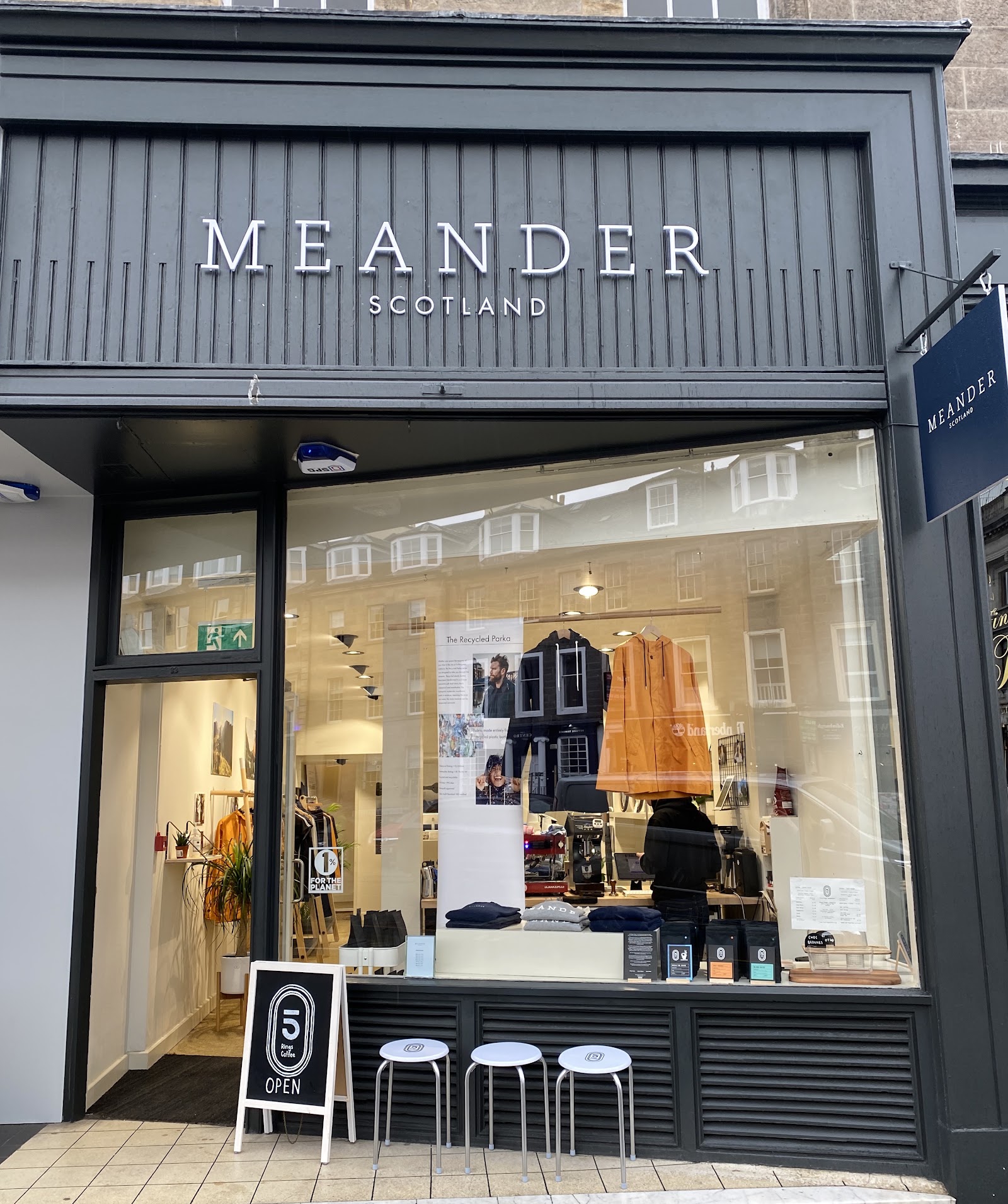The Meander shopfront, MEANDER SCOTLAND above the window.