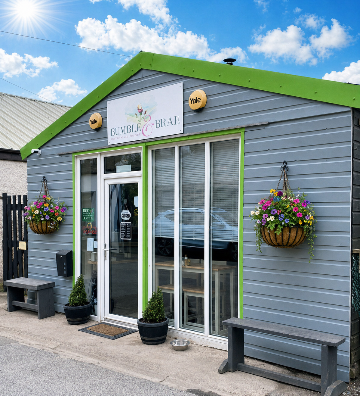 The grey timber front of Bumble and Brae in Gardenstown, green trim and hanging baskets by the door.