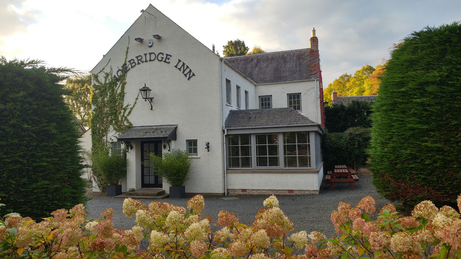 The Hoebridge at Gattonside, a white gabled inn behind a hedge and flower beds.