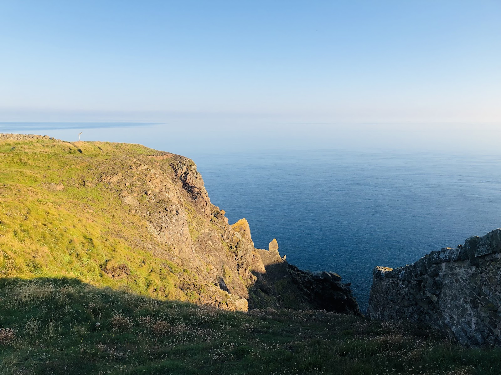 Grassy clifftops at the Mull of Galloway dropping to rocks and a calm blue sea, in low sun.