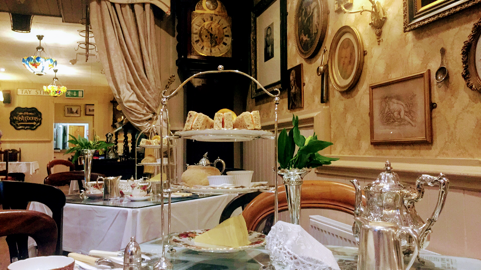 Lace, silver and old pictures in the tea room at Effie's of Perth.