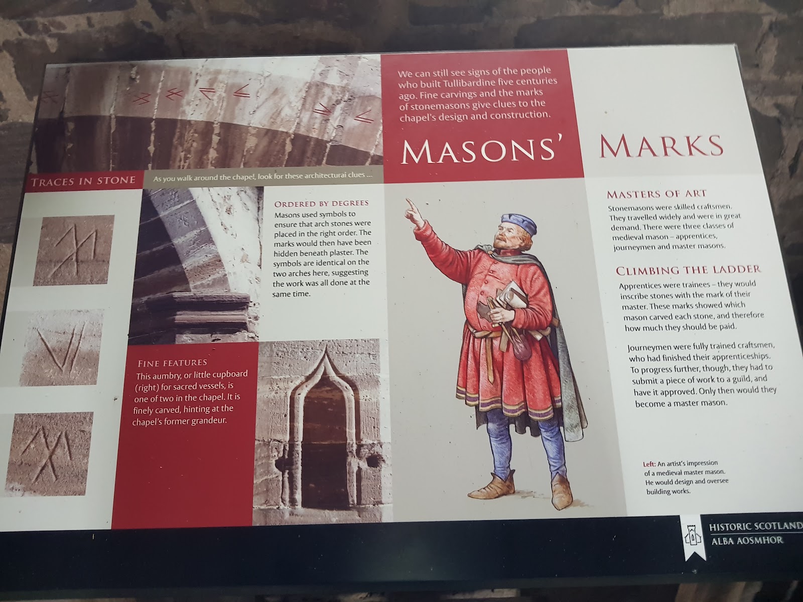 A Historic Scotland panel on the masons' marks at Tullibardine Chapel.