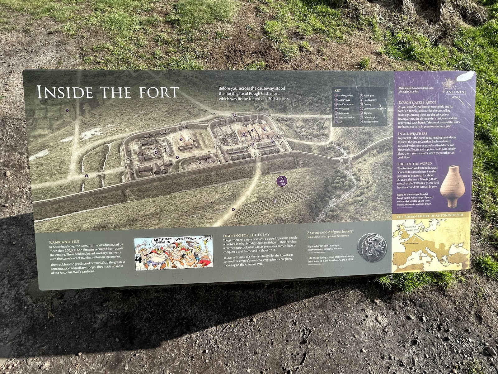 An Inside the Fort information board at Rough Castle, a drawing of the Roman fort above the grass.